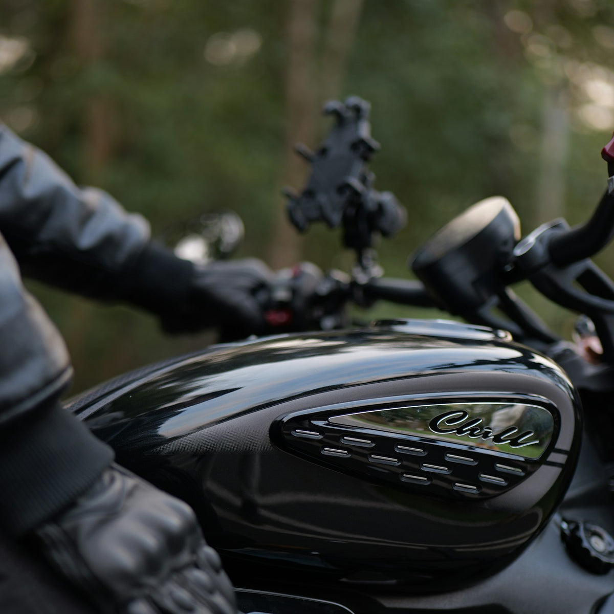 Rider wearing leather touring gloves on a motorcycle